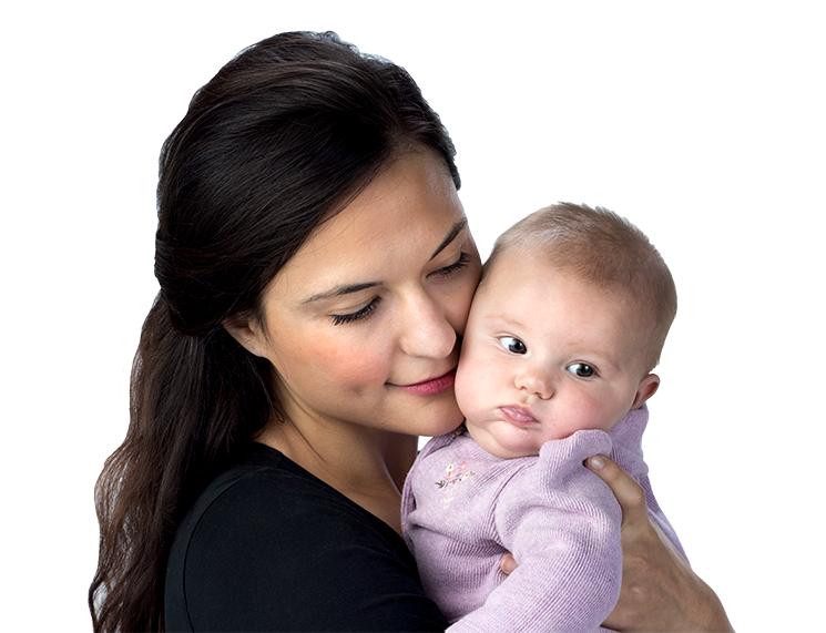 Image of a woman holding her baby up to her cheek
